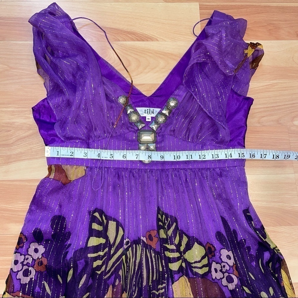TIBI Silk Dress Sz 10 $495 Purple Floral Beads 100% Silk Metallic Empire Waist - Picture 13 of 14